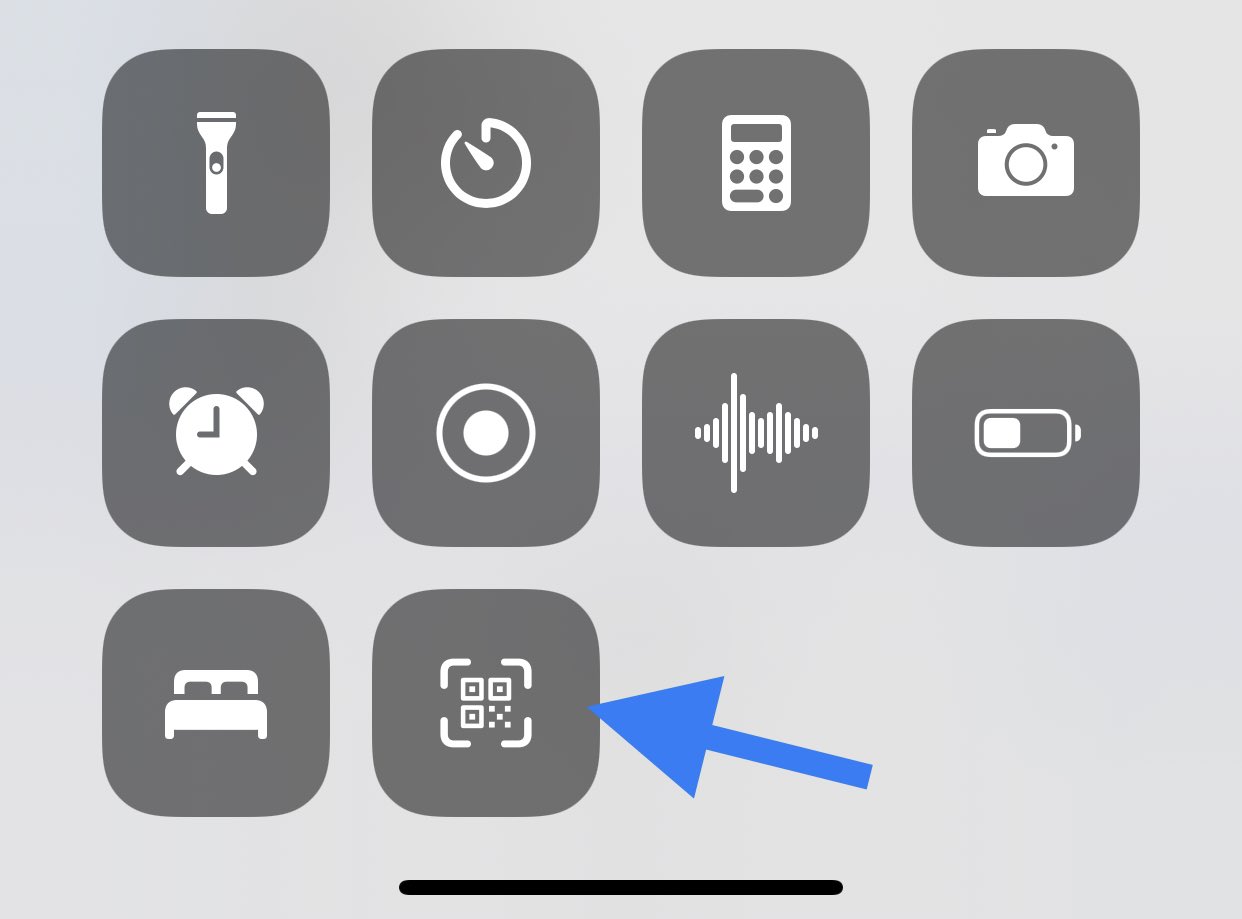 iPhone Control Center with the QR scanner highlighted