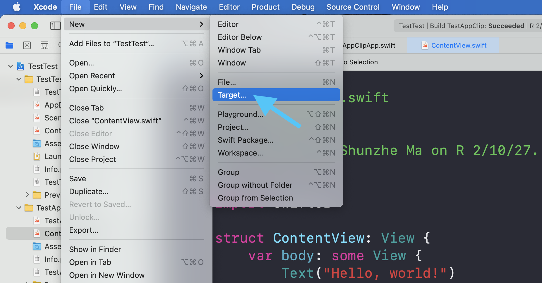 Xcode new target menu used to add an App Clip target