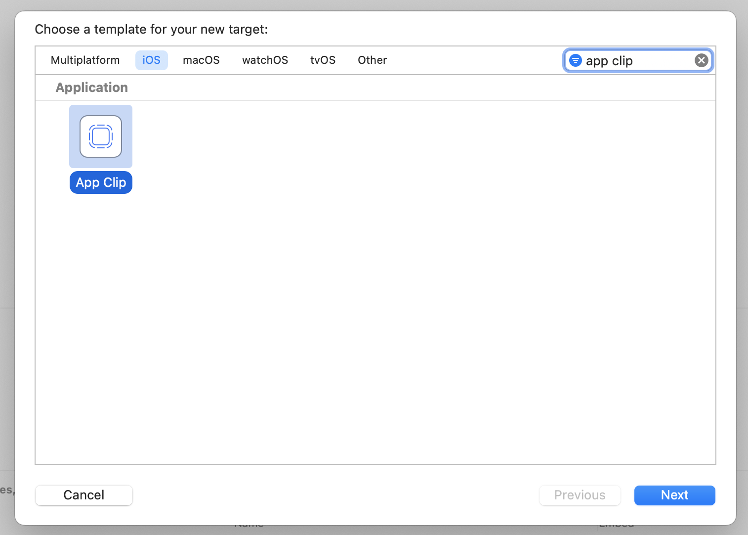 Xcode App Clip target template selection screen