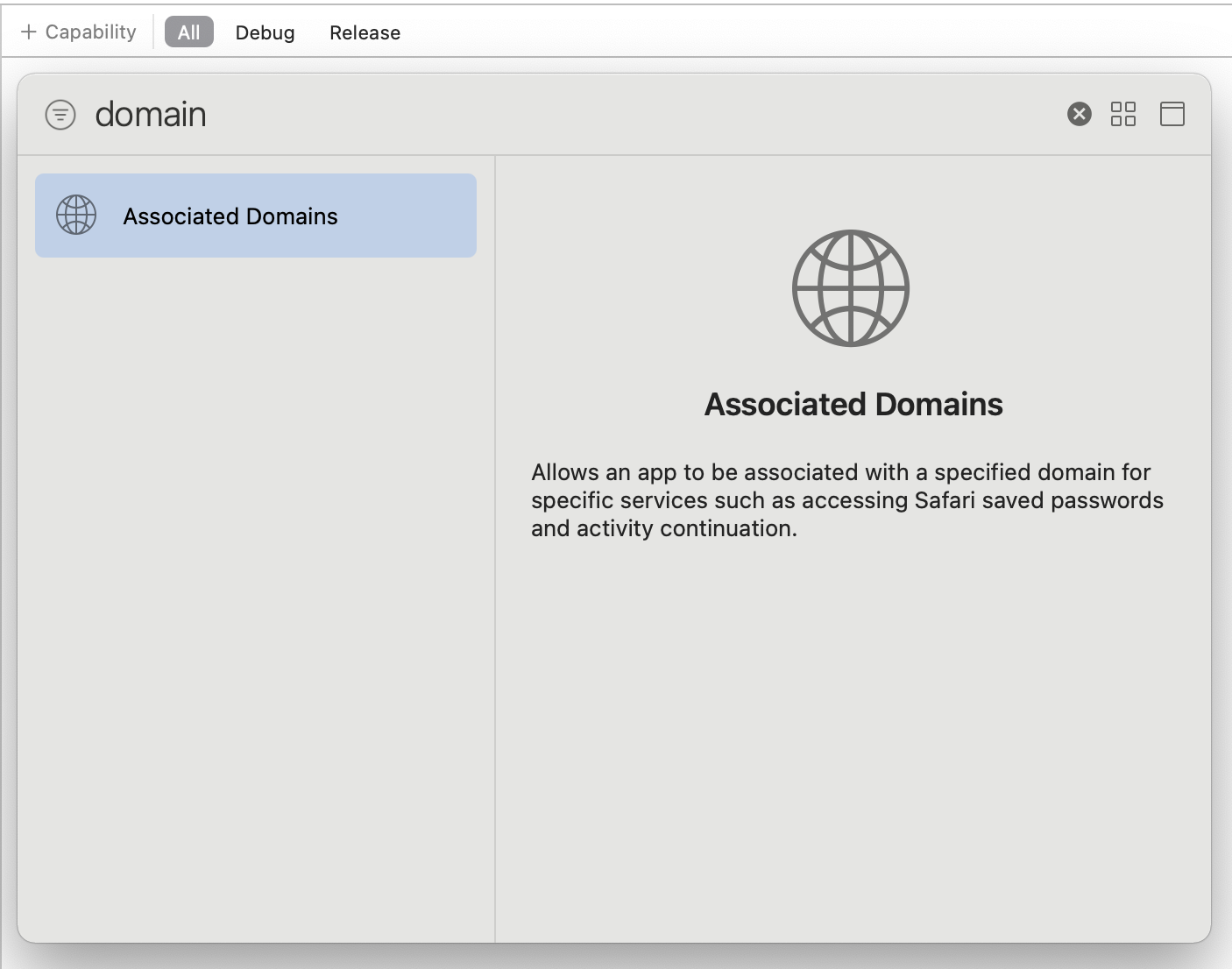 Xcode Signing and Capabilities screen showing Associated Domains for an App Clip
