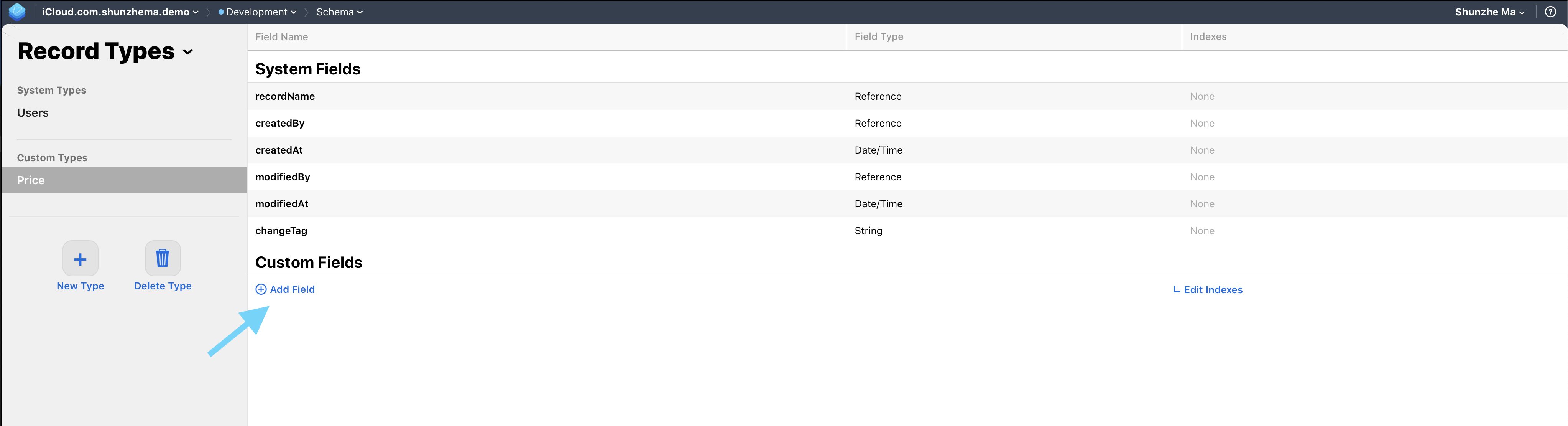 CloudKit Dashboard showing a Price record type with fields for itemName and itemPrice