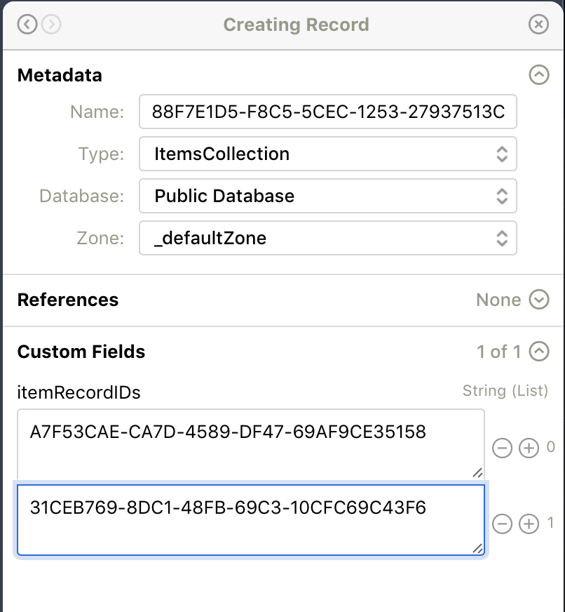 CloudKit Dashboard showing a collection record that stores an array of item record IDs