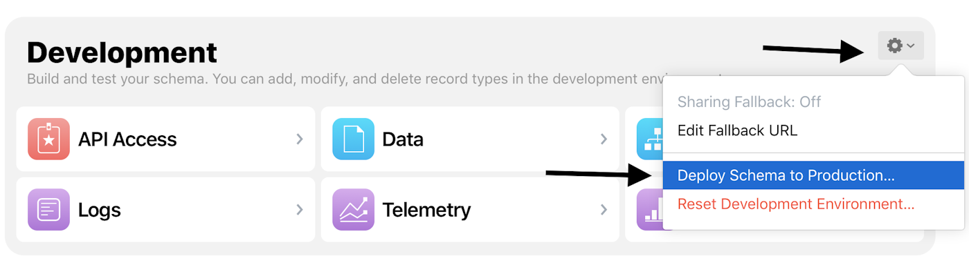 CloudKit Dashboard production deployment screen