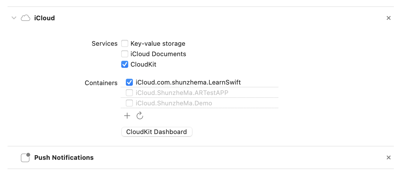 Xcode capability screen showing the iCloud container configuration for a Core Data and CloudKit app