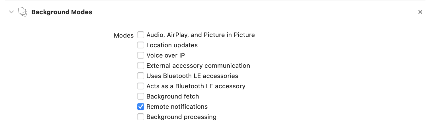 Xcode background modes panel with remote notifications enabled