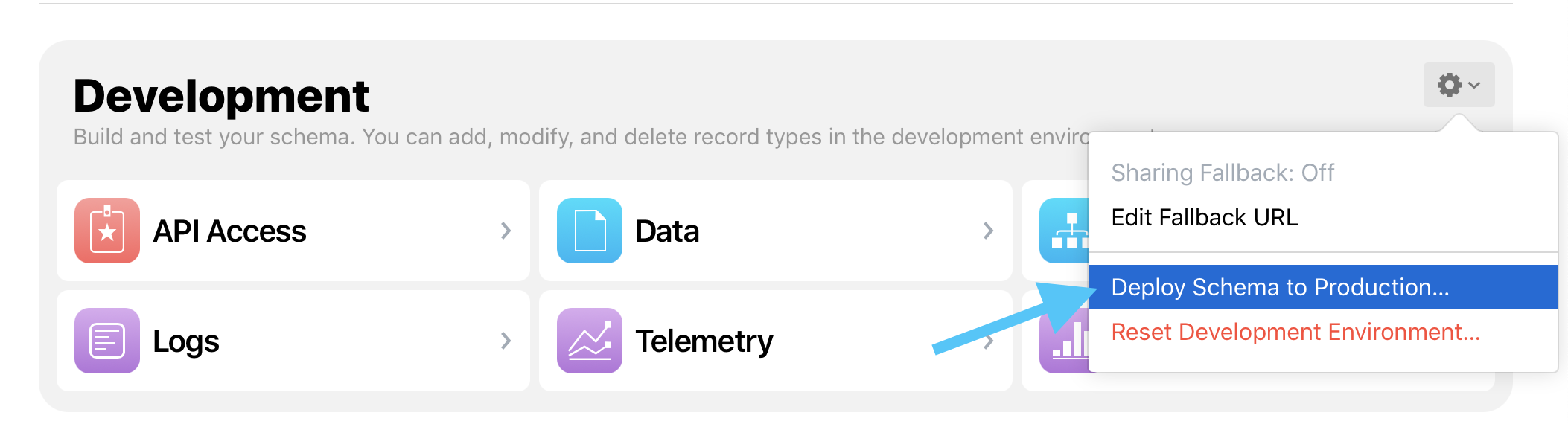 CloudKit dashboard button for deploying the schema to production