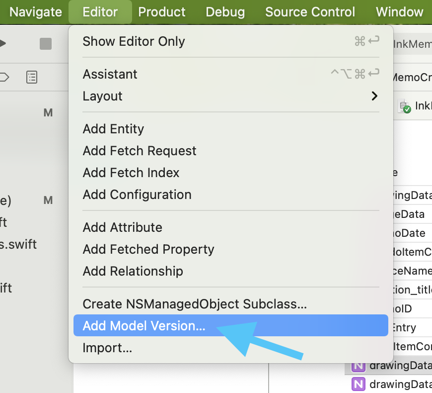 Xcode interface for adding a new Core Data model version