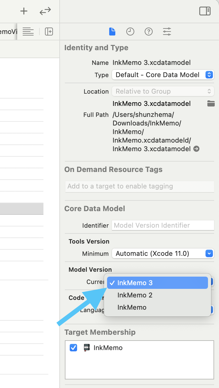 Xcode inspector setting the current Core Data model version