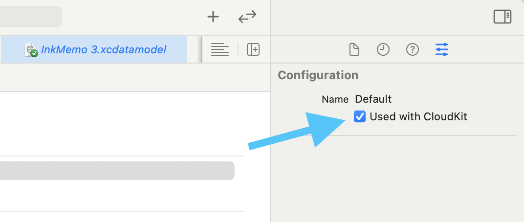 Core Data model configuration showing the Used with CloudKit toggle
