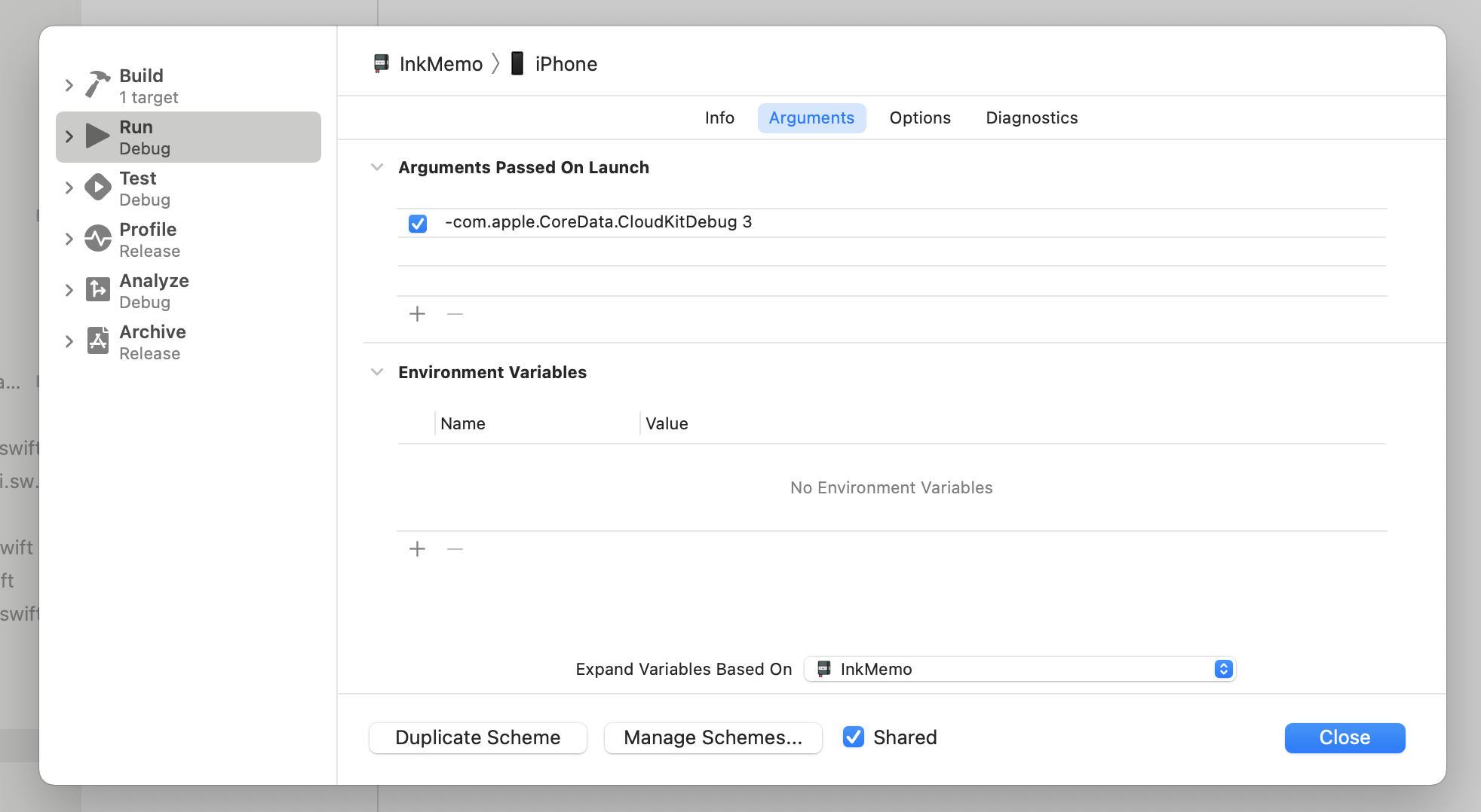 Xcode scheme editor showing Core Data debug launch arguments