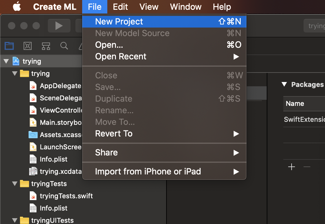 Create ML new project screen with the Image Classifier template highlighted