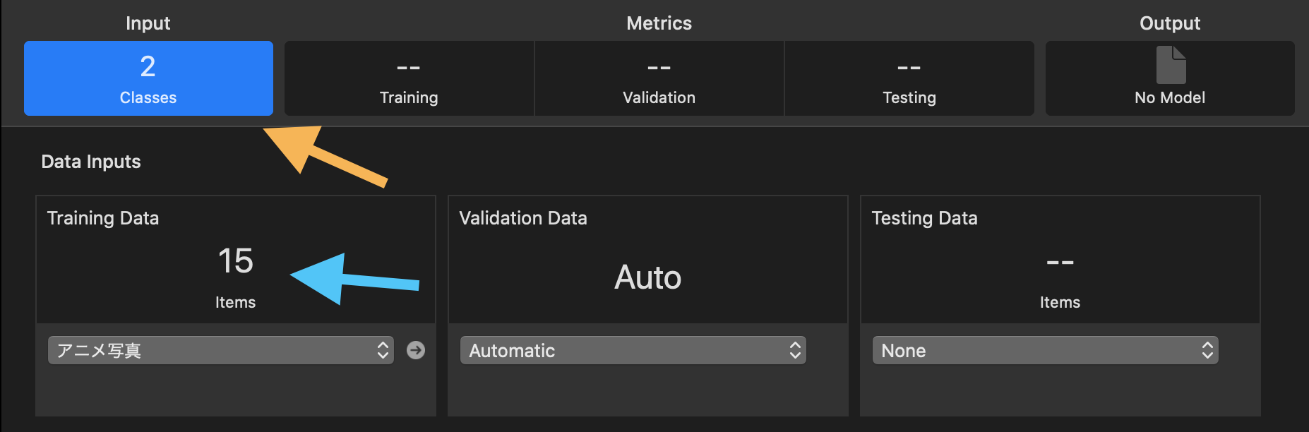 Create ML showing the detected class count and image count from the training data