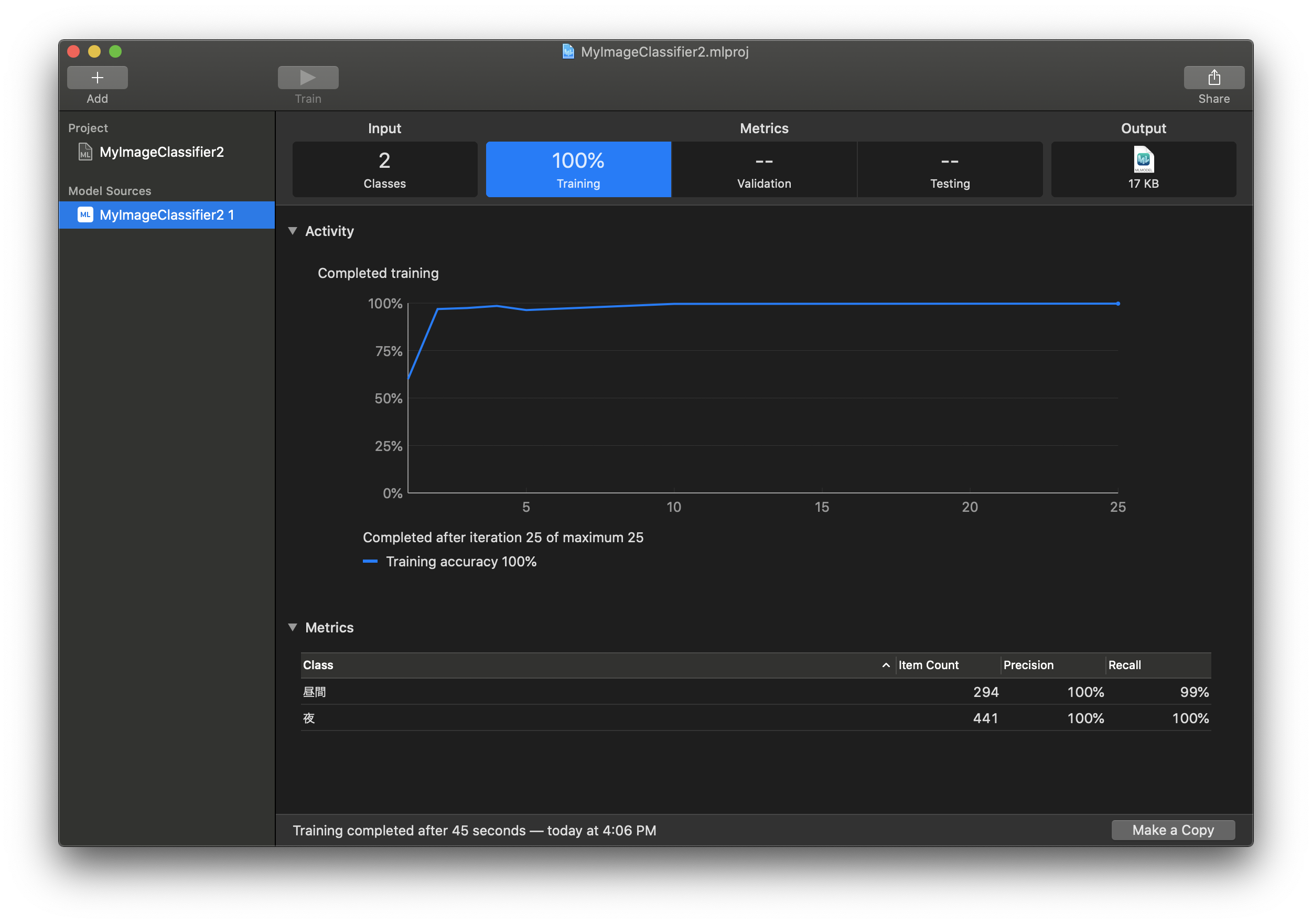 Create ML showing a completed image classifier training run