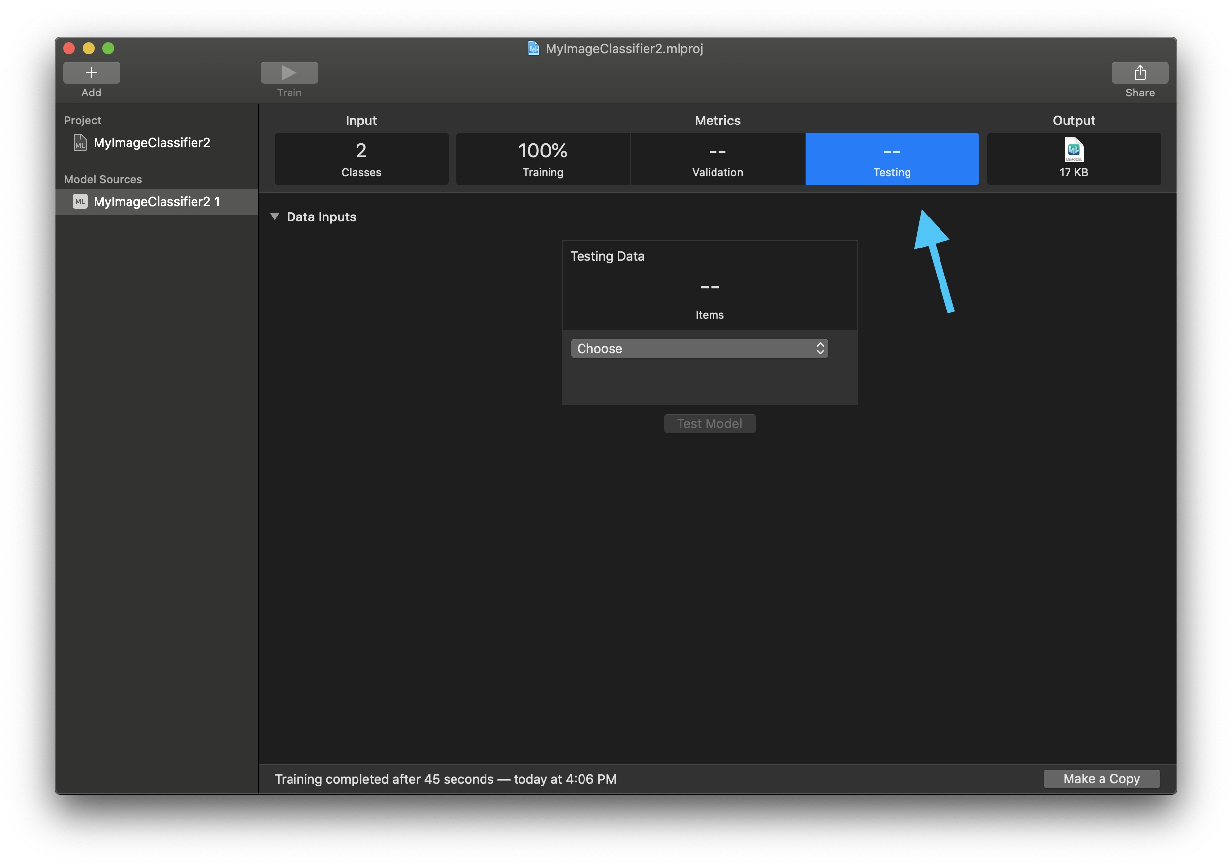 Create ML testing section after preparing a separate testing folder