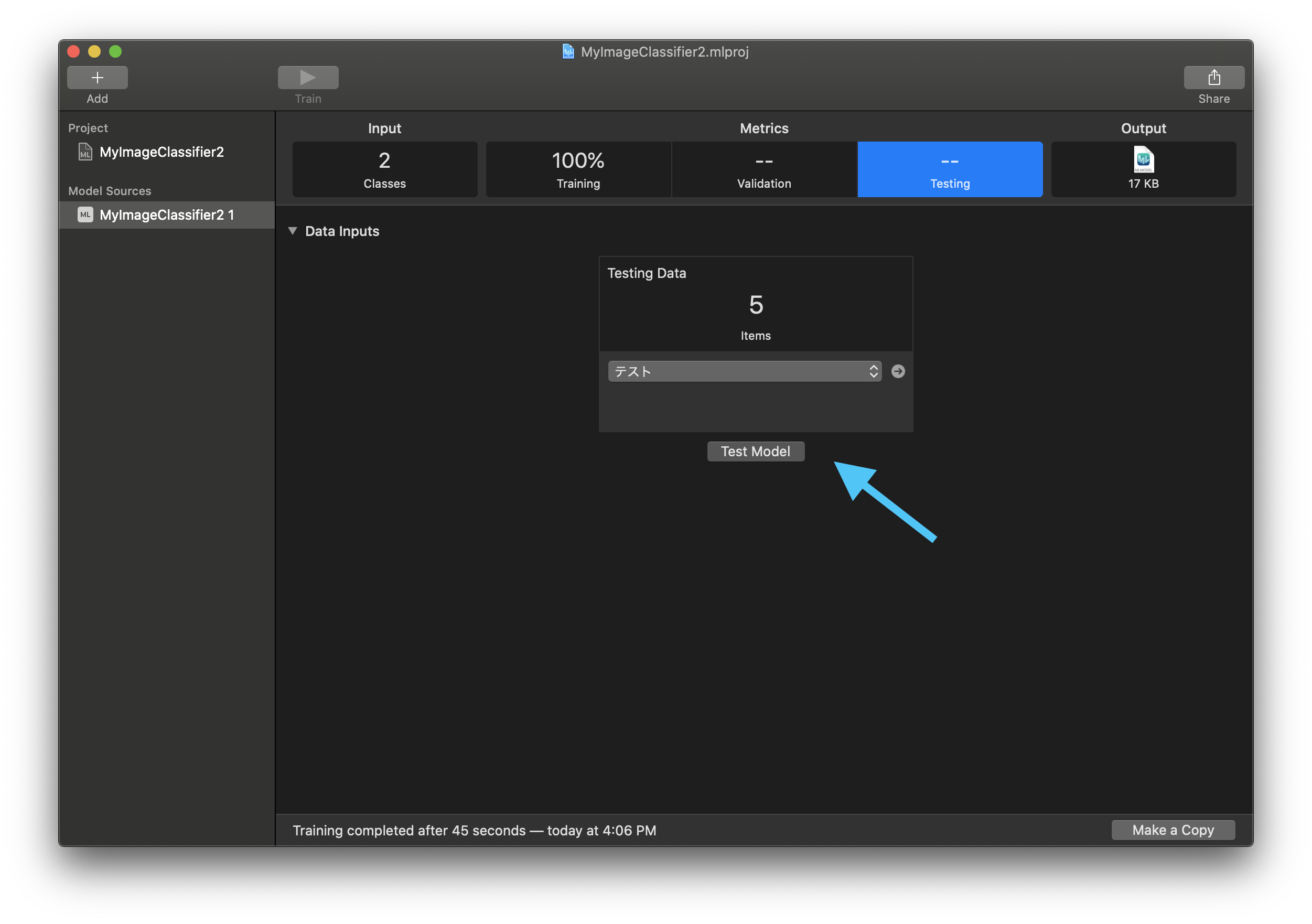 Create ML showing the test result after evaluating the trained model