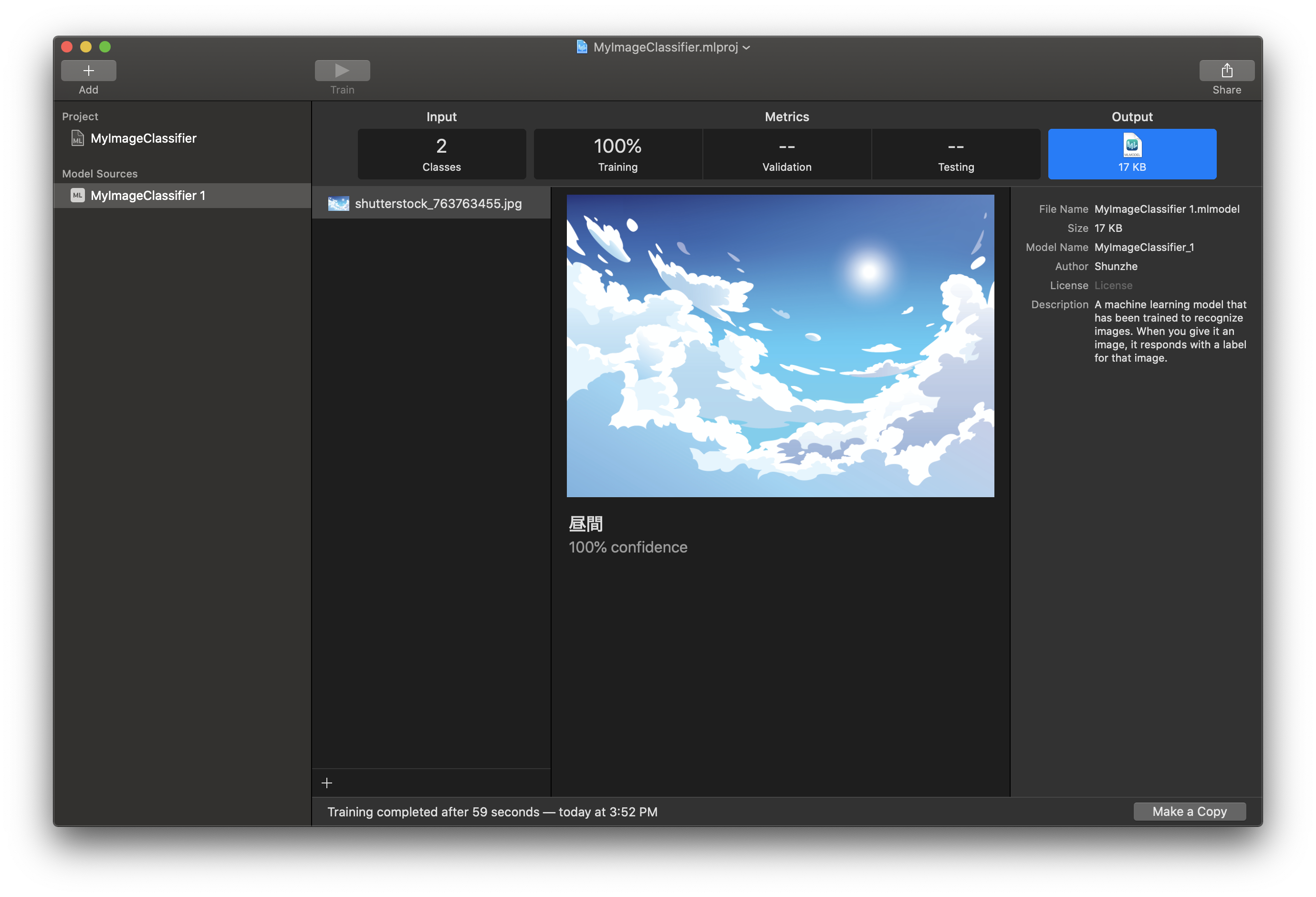 Create ML output panel with a dragged image used for a direct classification test