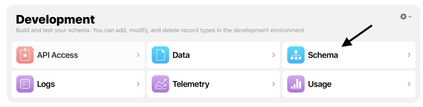 CloudKit dashboard schema screen