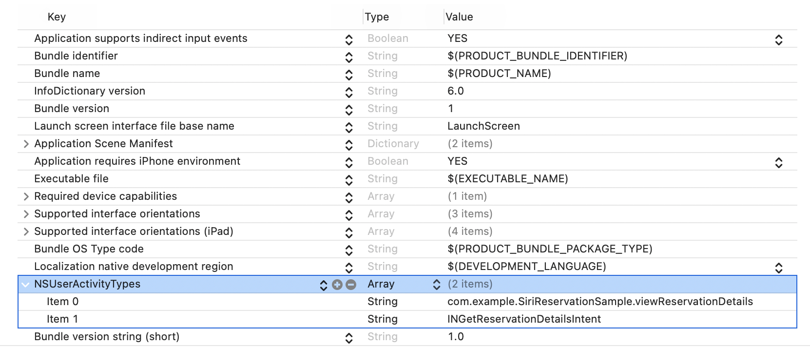 Xcode Info settings showing supported user activity types