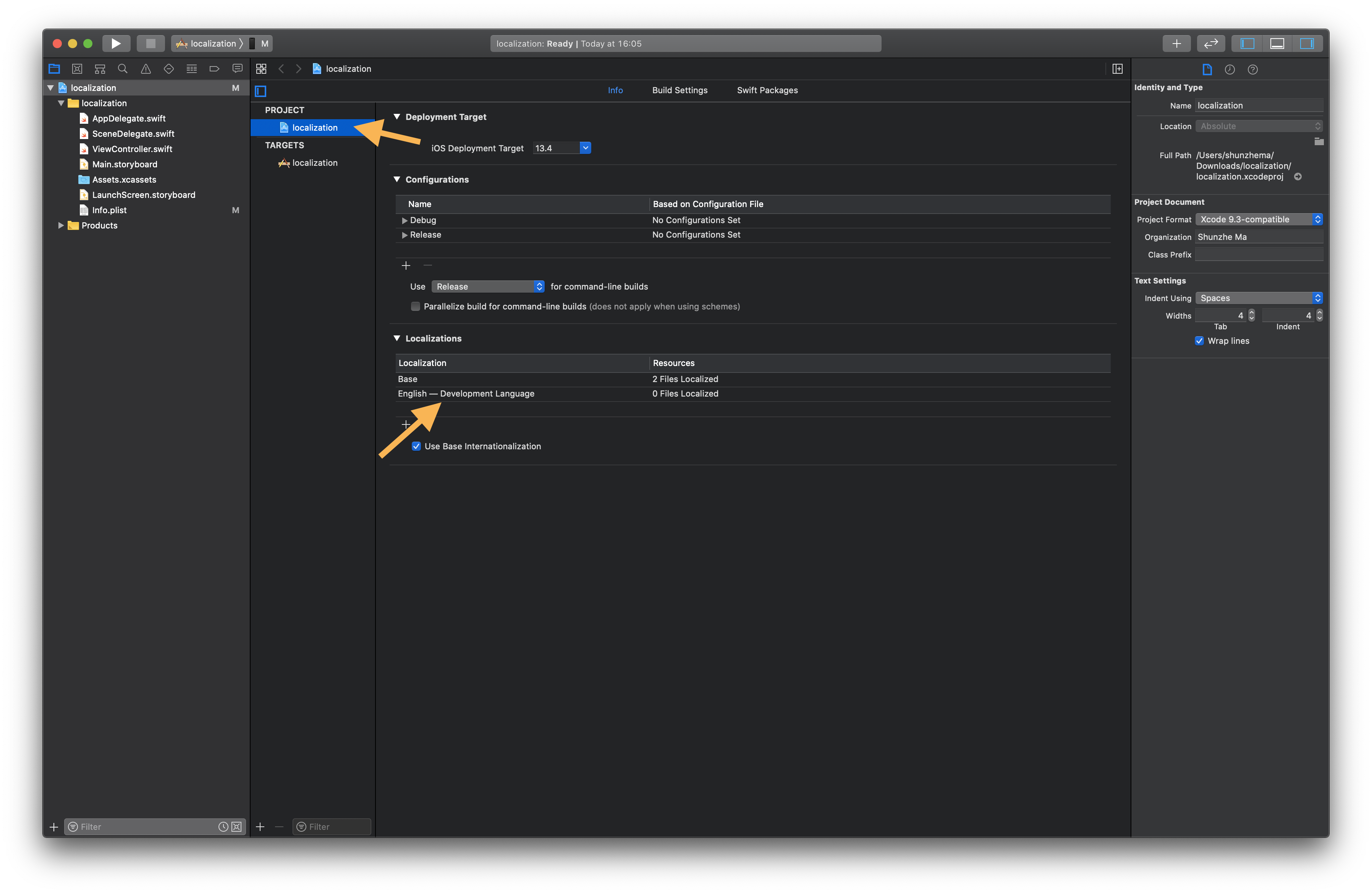 Xcode project settings showing the development language field