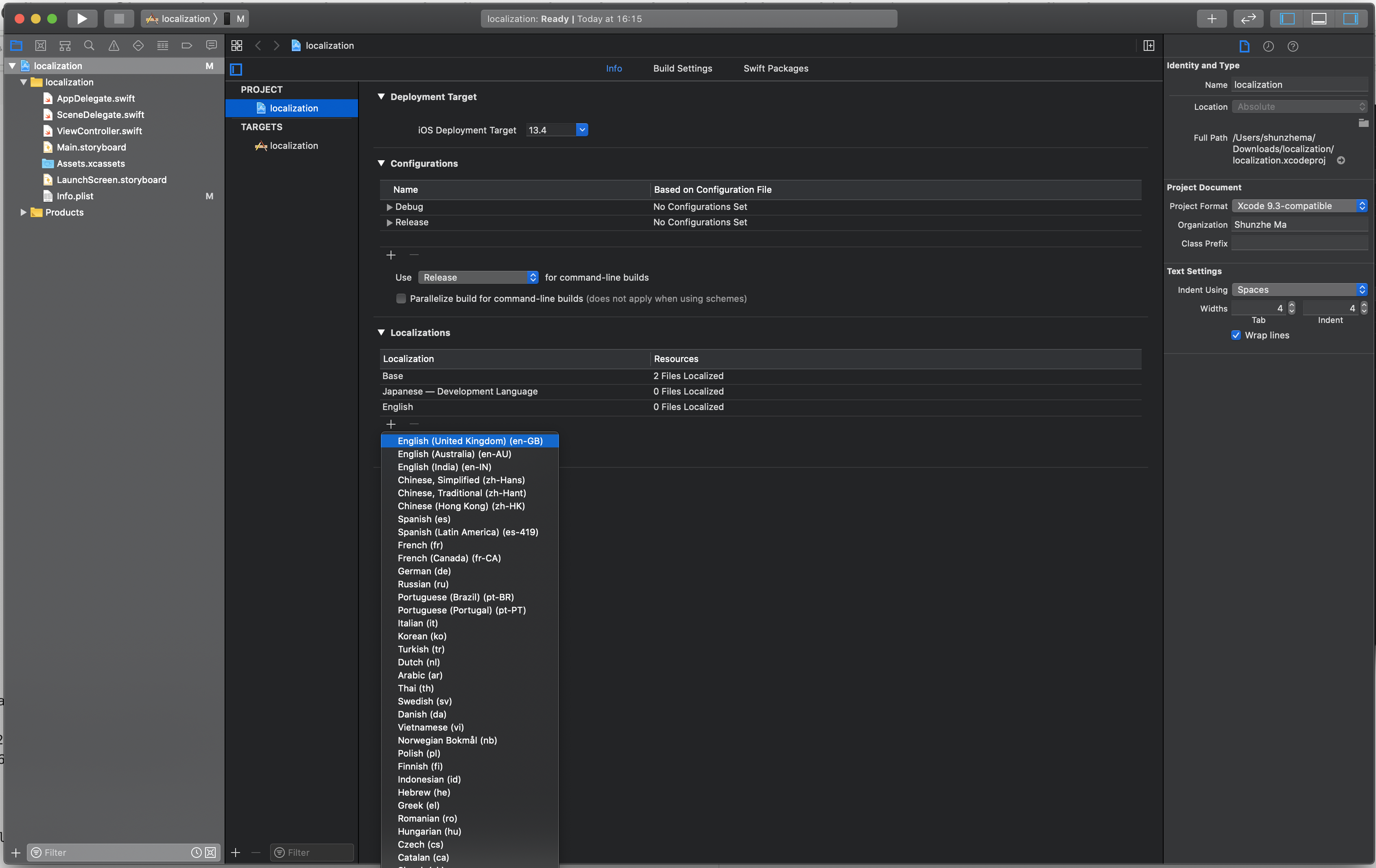 Xcode project settings showing the localization list and add-language flow