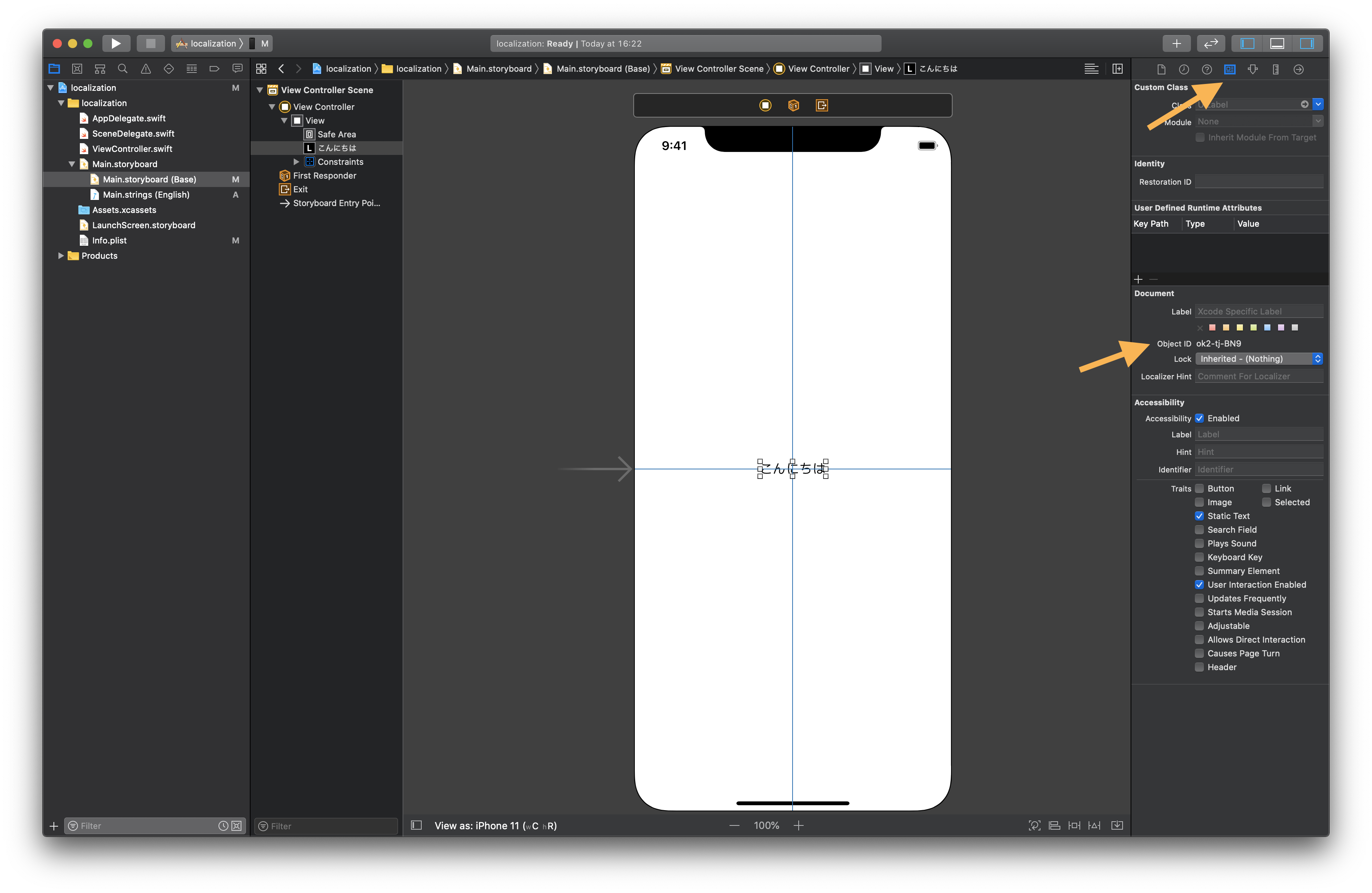 Interface Builder showing the object identity of a localized label