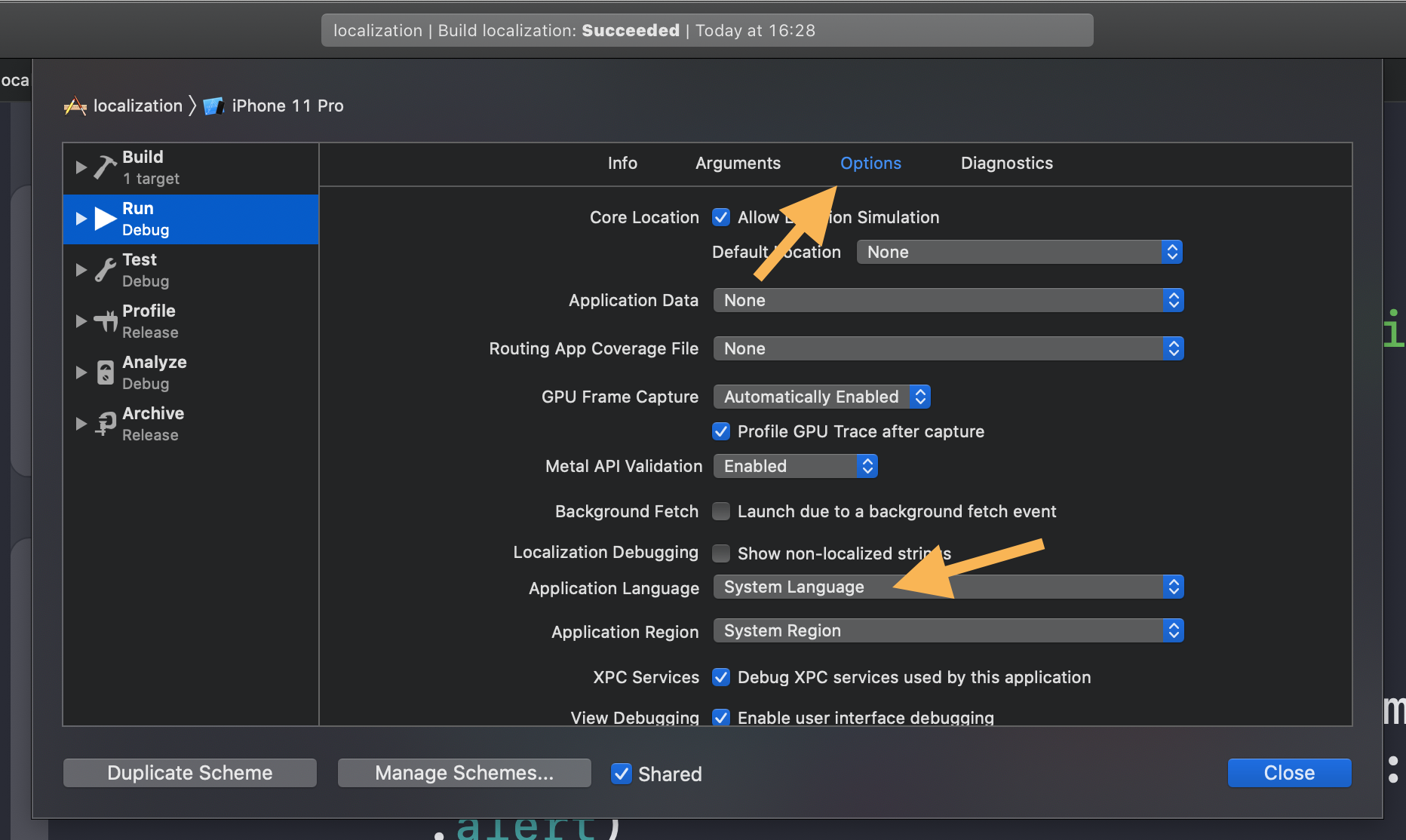 Edit Scheme options showing the Application Language override