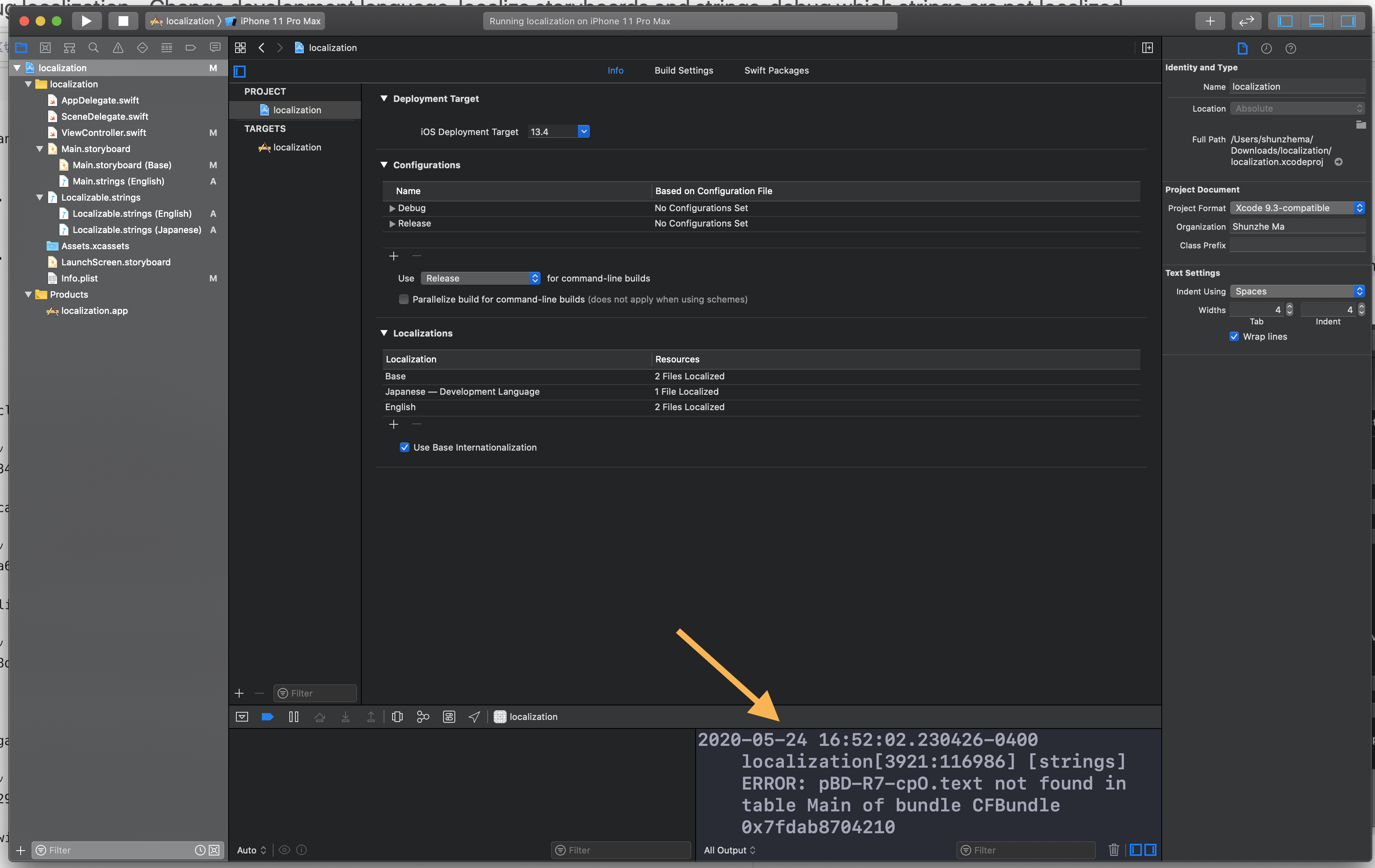 Xcode console output showing a missing localized string error
