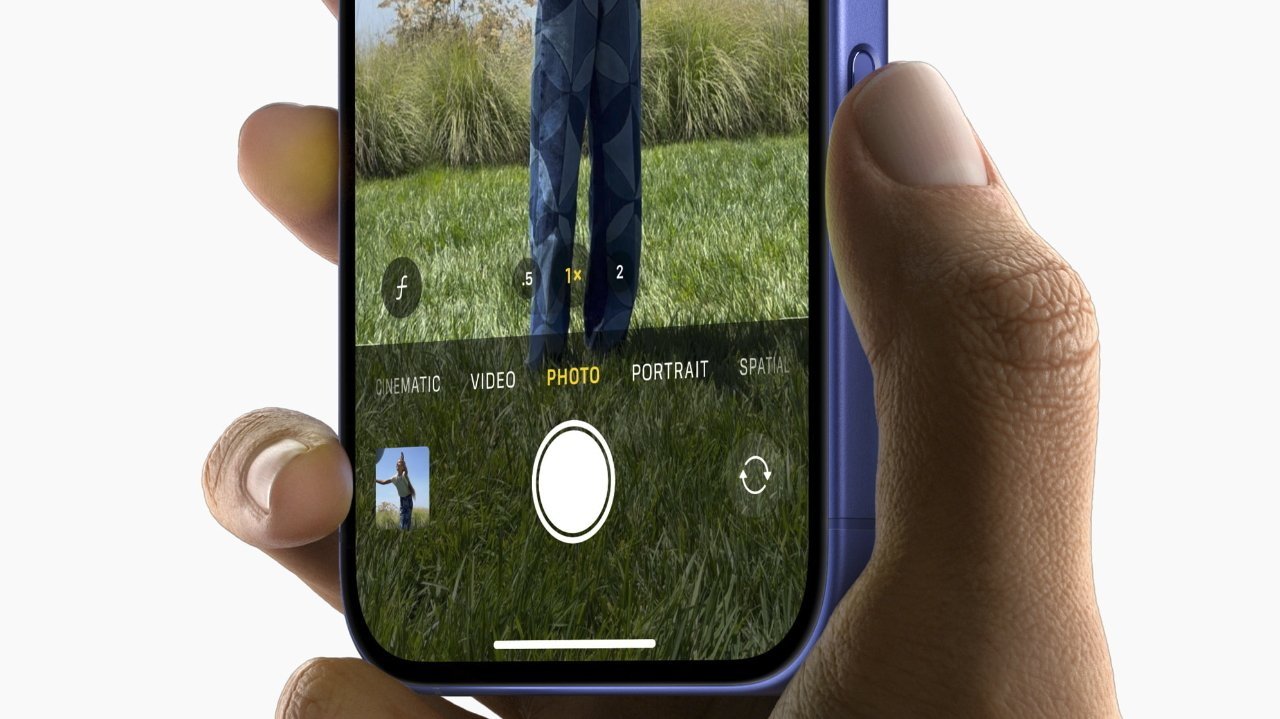 iPhone camera view showing the default physical camera button behavior
