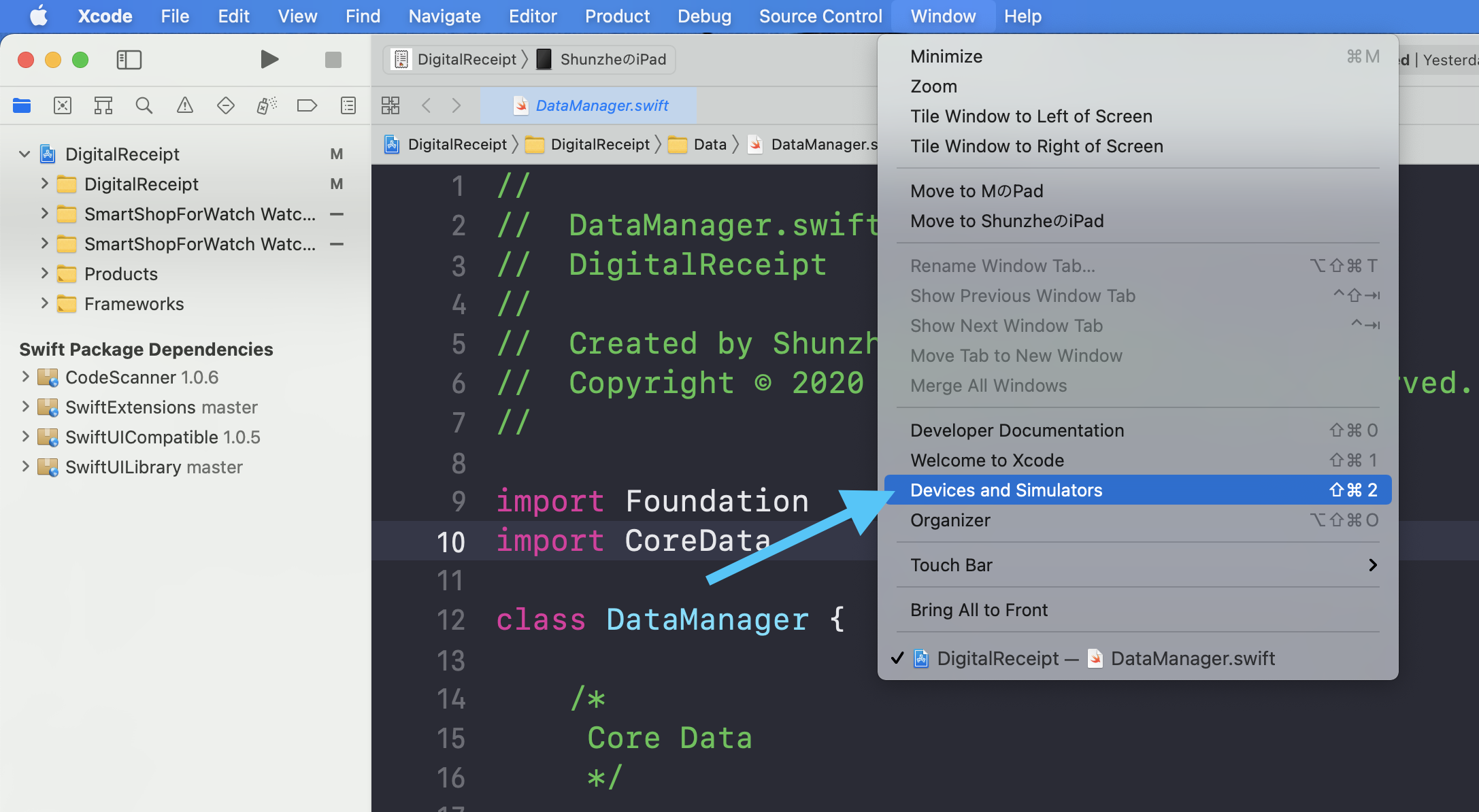 Xcode Window menu showing Devices and Simulators