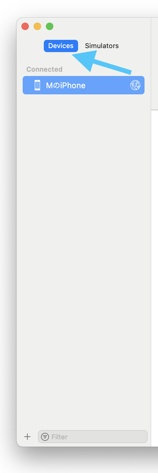 Connected device selected in the Xcode device window