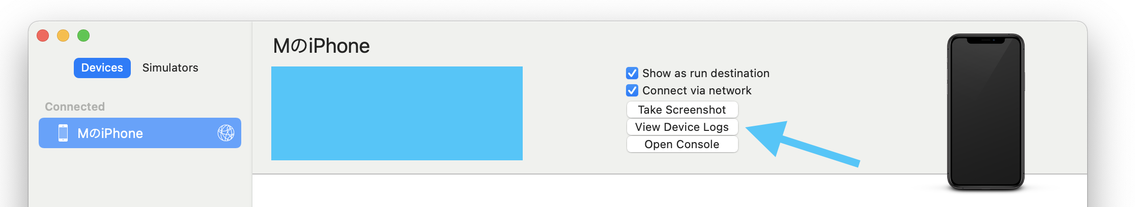Crash logs shown inside Xcode for a connected device