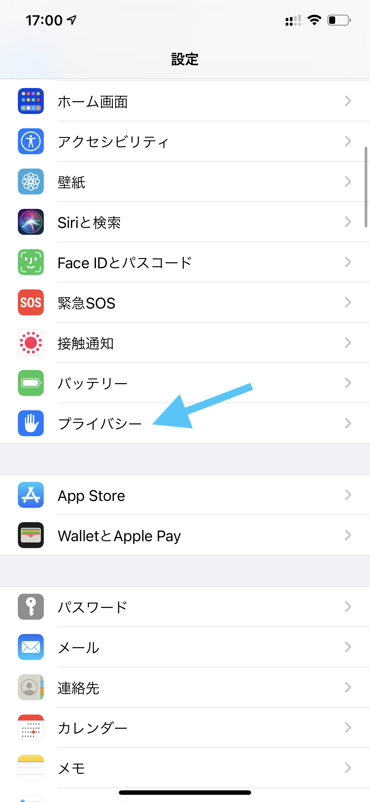 Settings app with Privacy selected