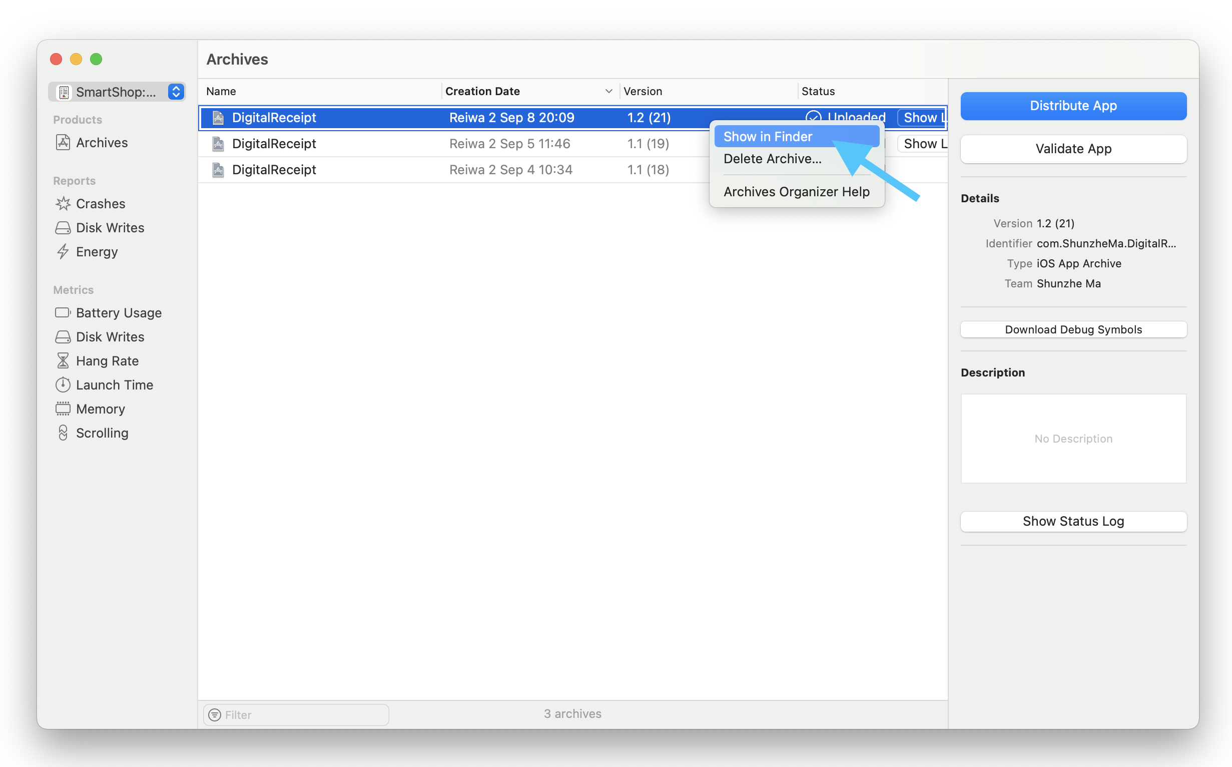 Showing package contents for an Xcode archive