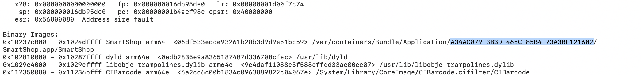 UUID shown in the Binary Images section of a crash report