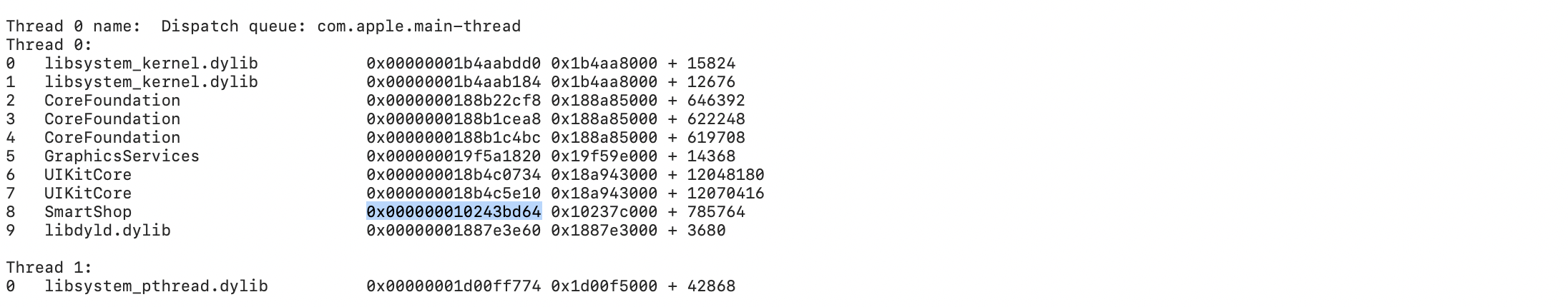 Stack address location in a crash report