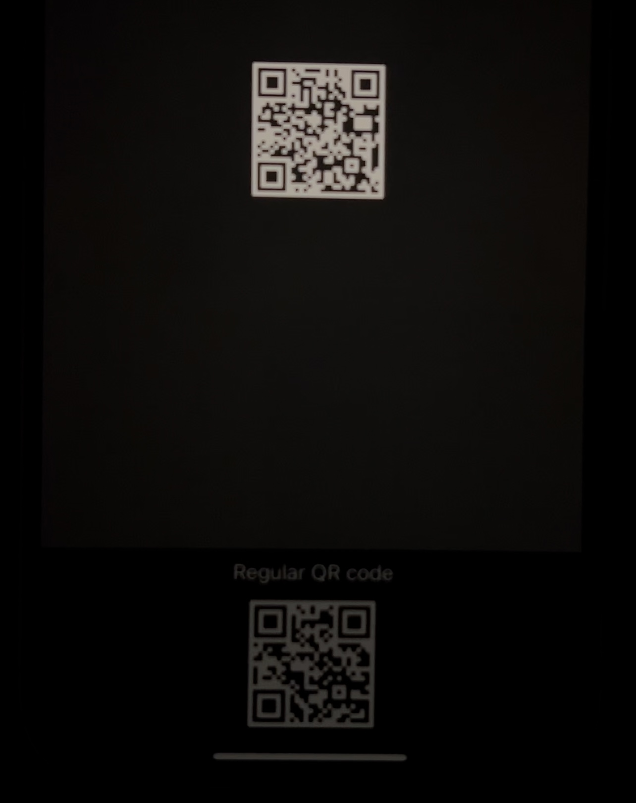iPhone screenshot showing a bright QR code rendered with EDR while a normal QR image lower on the screen stays dim