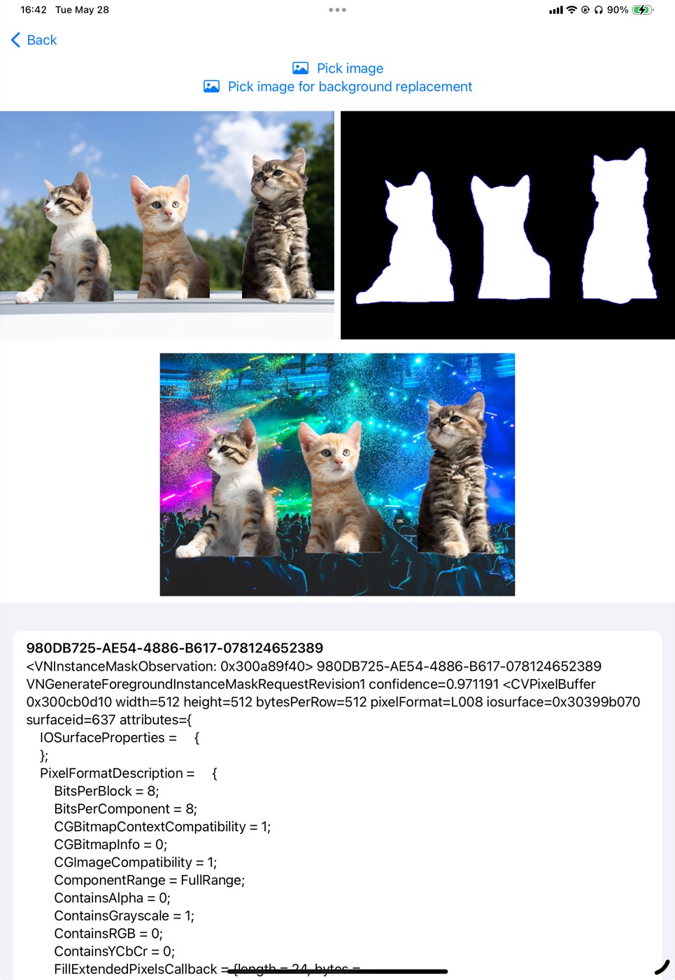 Cat image, mask preview, and the same cats composited over a concert background