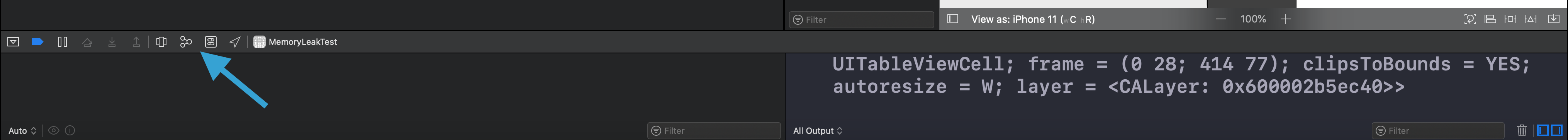 The Xcode memory graph debugger button at the bottom of the debug area