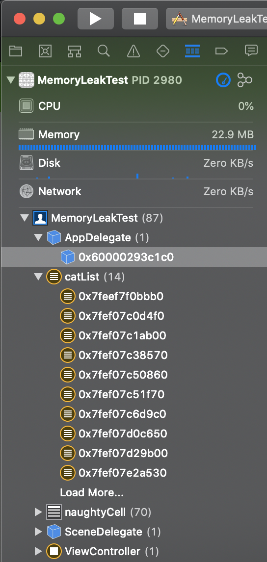 Memory graph debugger showing multiple retained catList controllers and many naughtyCell objects