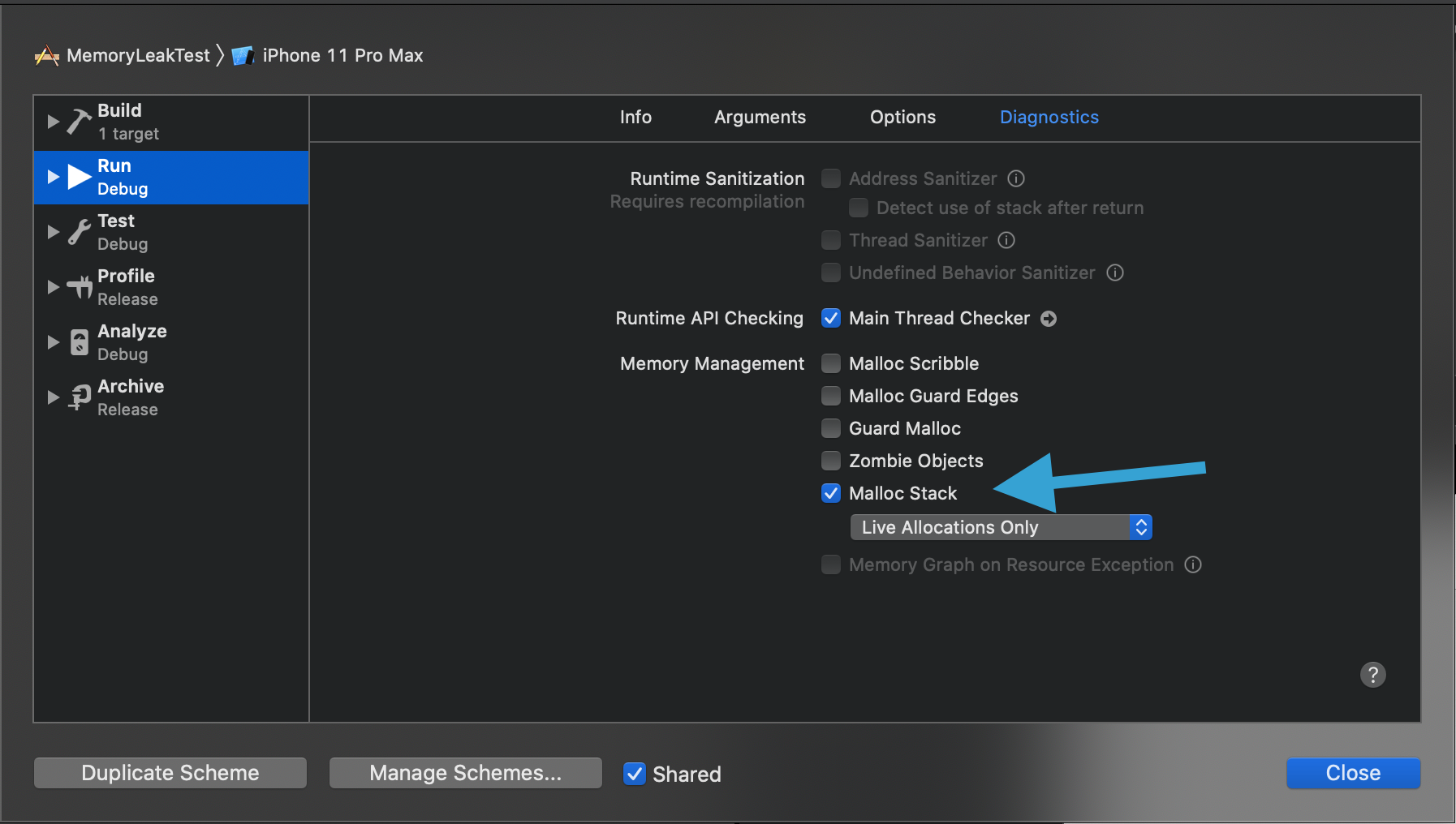 Xcode scheme diagnostics with the Malloc Stack option enabled