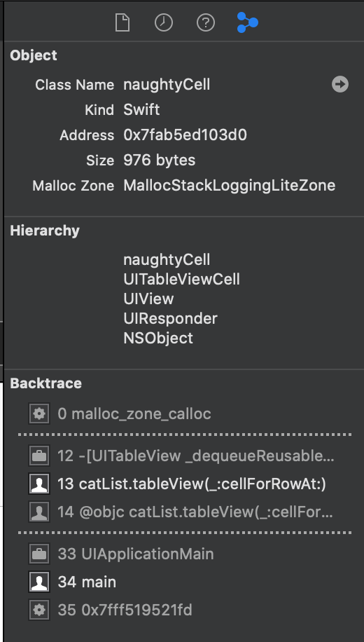 Leak location shown on the right side of Xcode after enabling stack logging