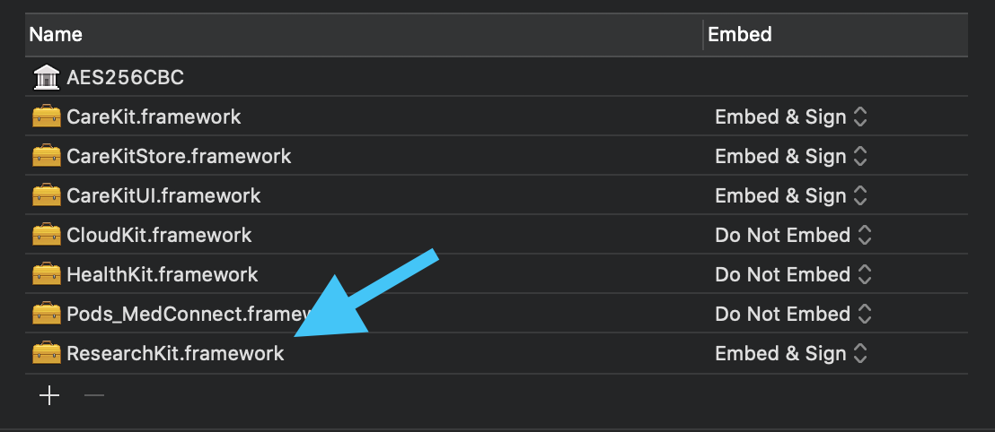 Adding ResearchKit under Frameworks Libraries and Embedded Content in Xcode