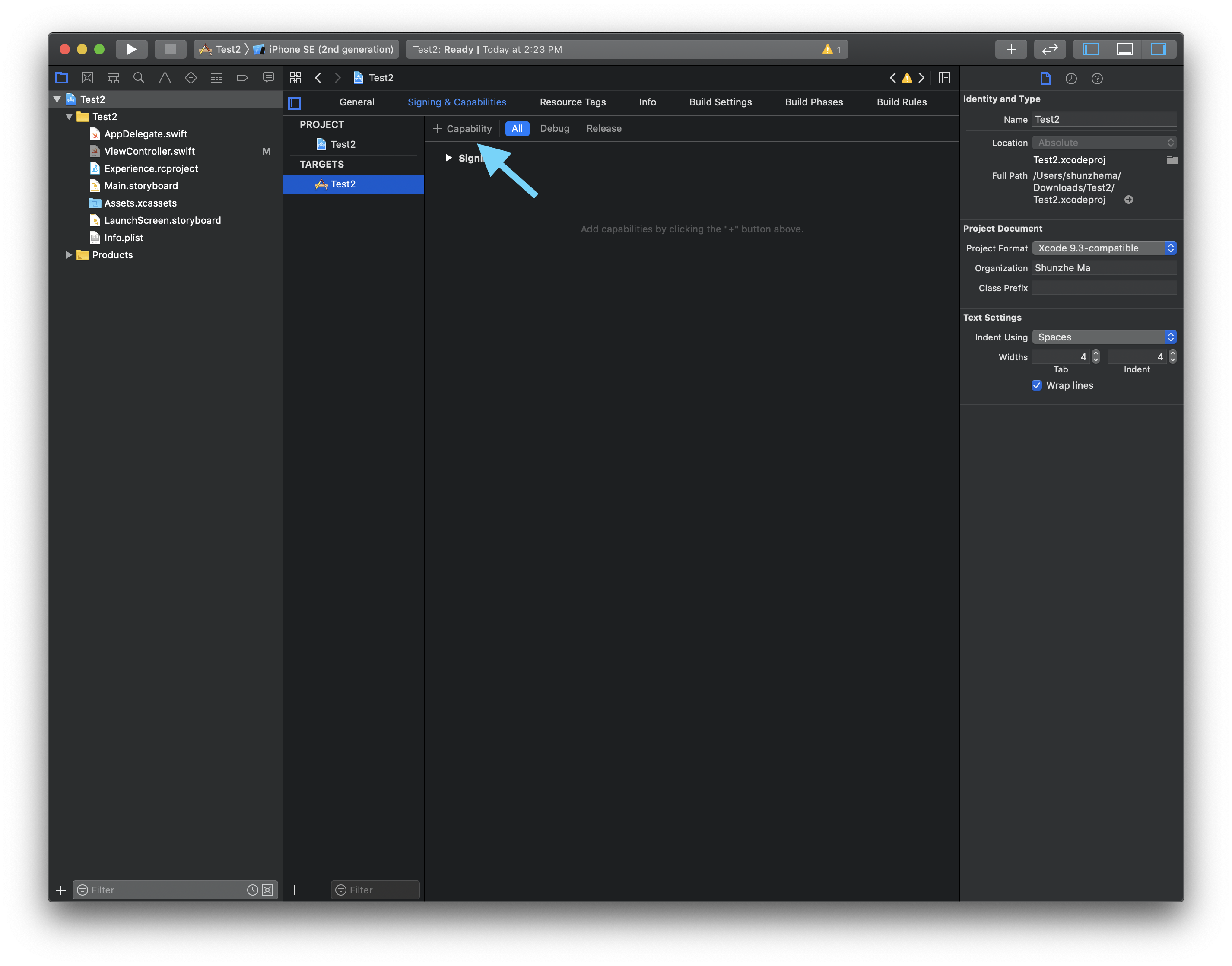 Xcode Signing and Capabilities screen before adding iCloud key-value storage support