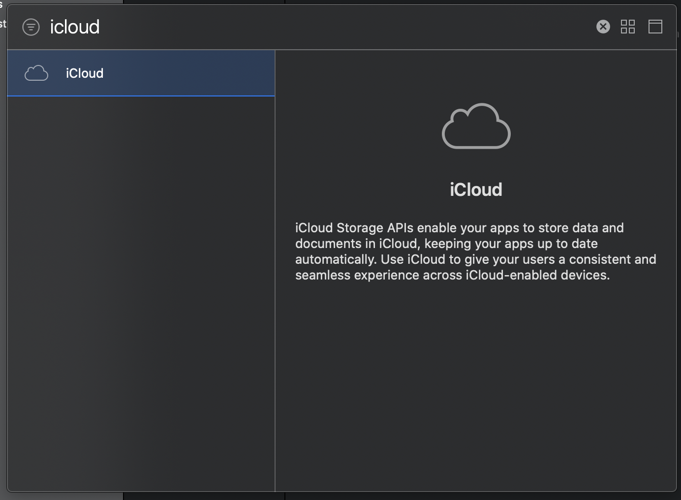 Xcode capability picker with iCloud selected
