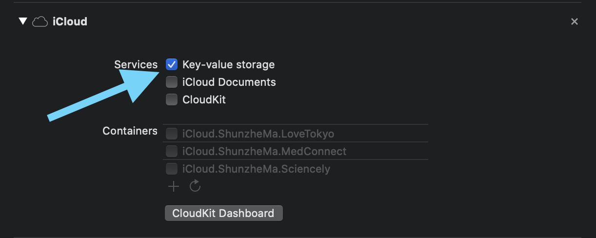 iCloud capability panel with Key-value storage enabled