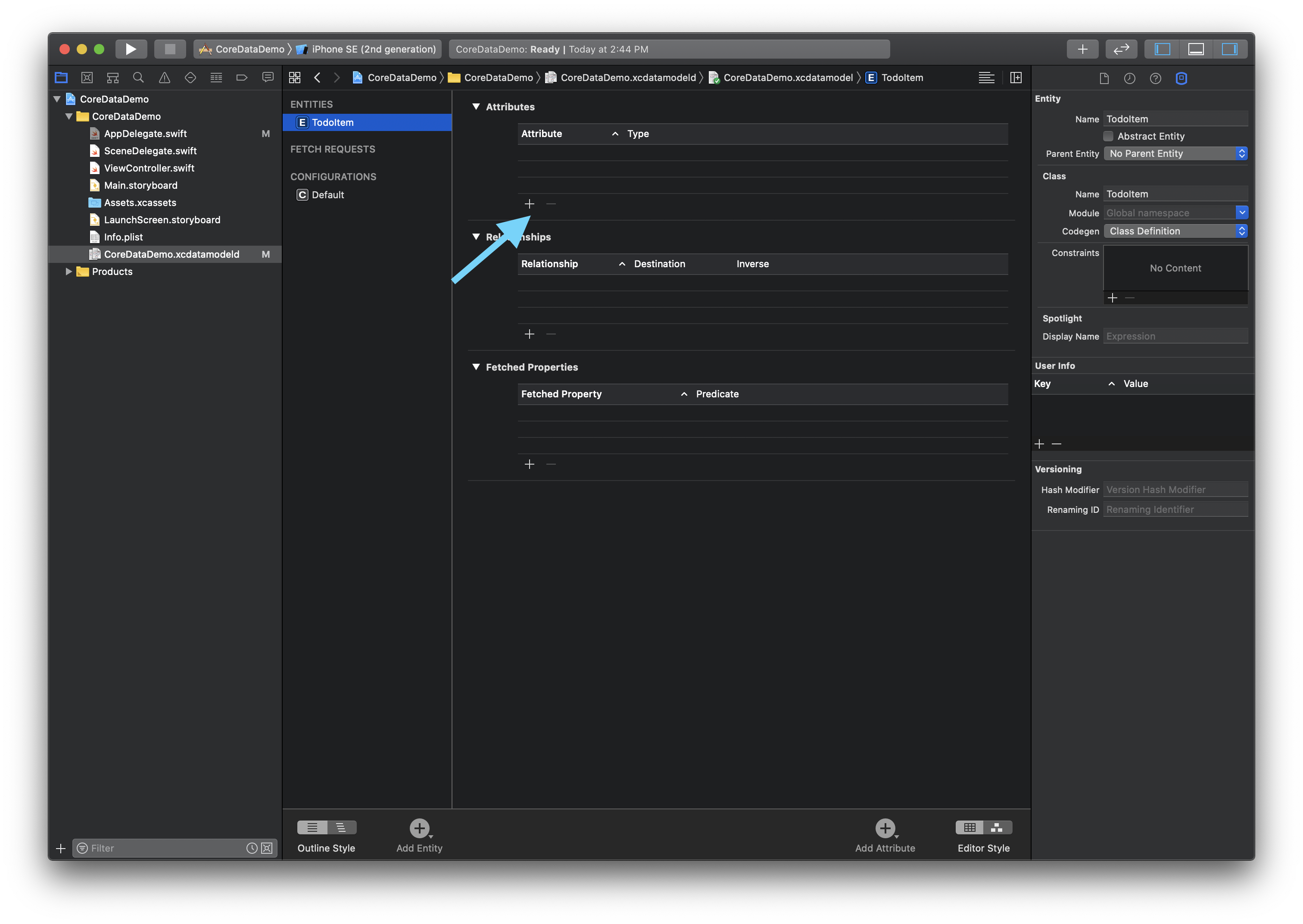 Core Data model editor with the properties section visible