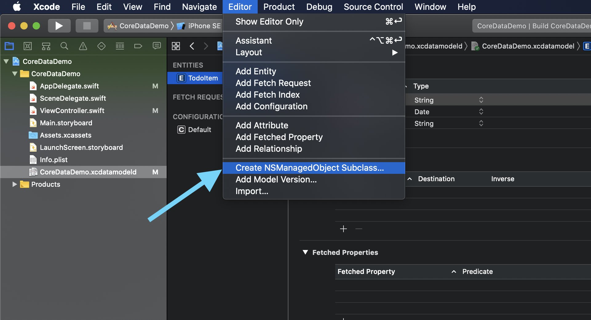 Xcode Editor menu with Create NSManagedObject Subclass selected