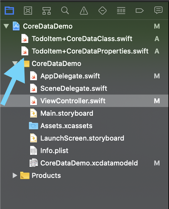 File navigator showing generated NSManagedObject subclass files