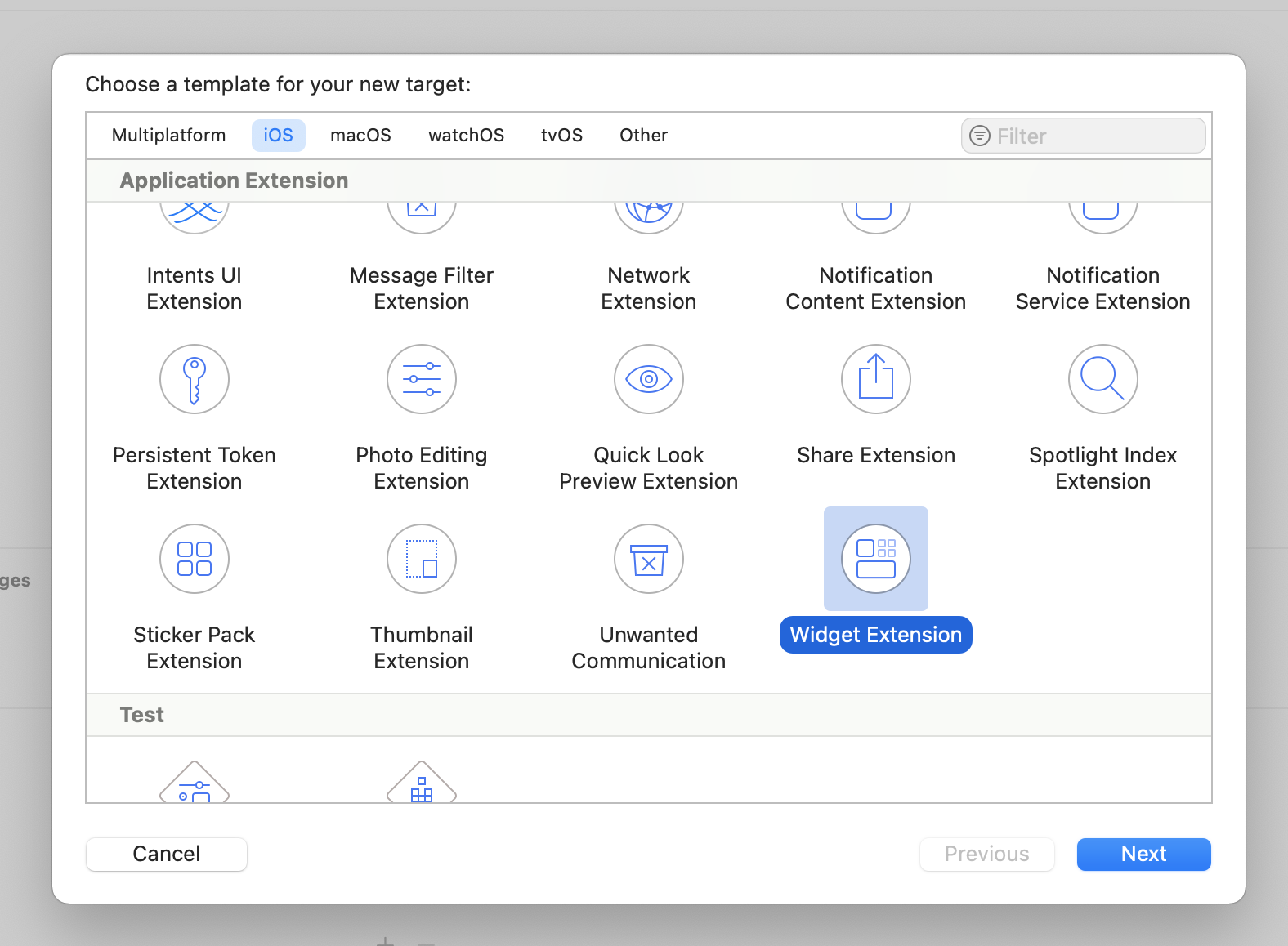 Xcode flow for adding a new widget target to an existing app
