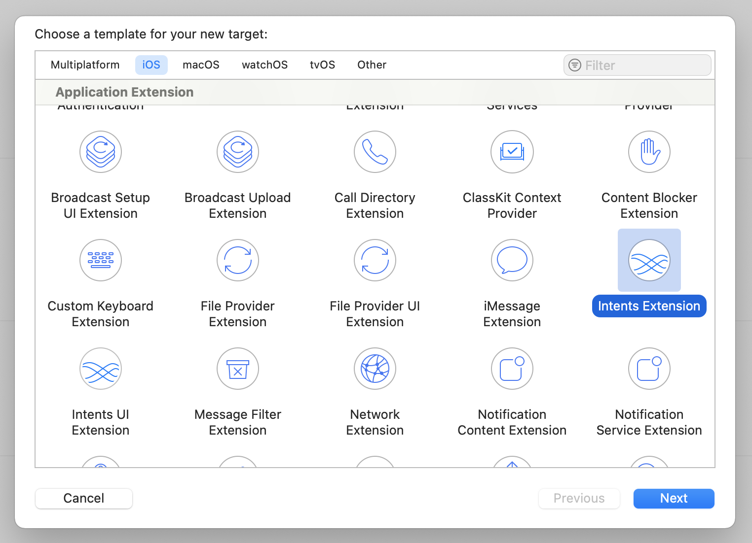 Creating the Intents extension target in Xcode